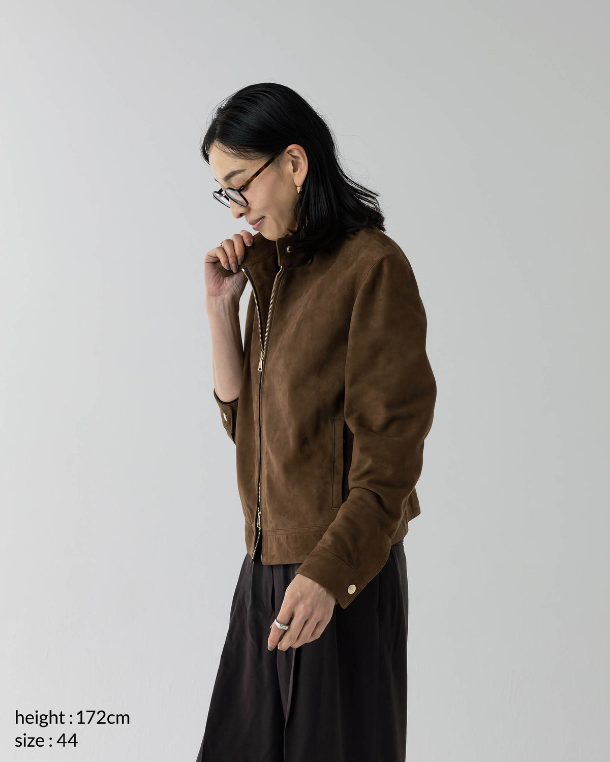 JURI DONNA (Yuri Donna) Giacca da motociclista singola in camoscio di capra con zip dorata OVER SIZE / Marrone