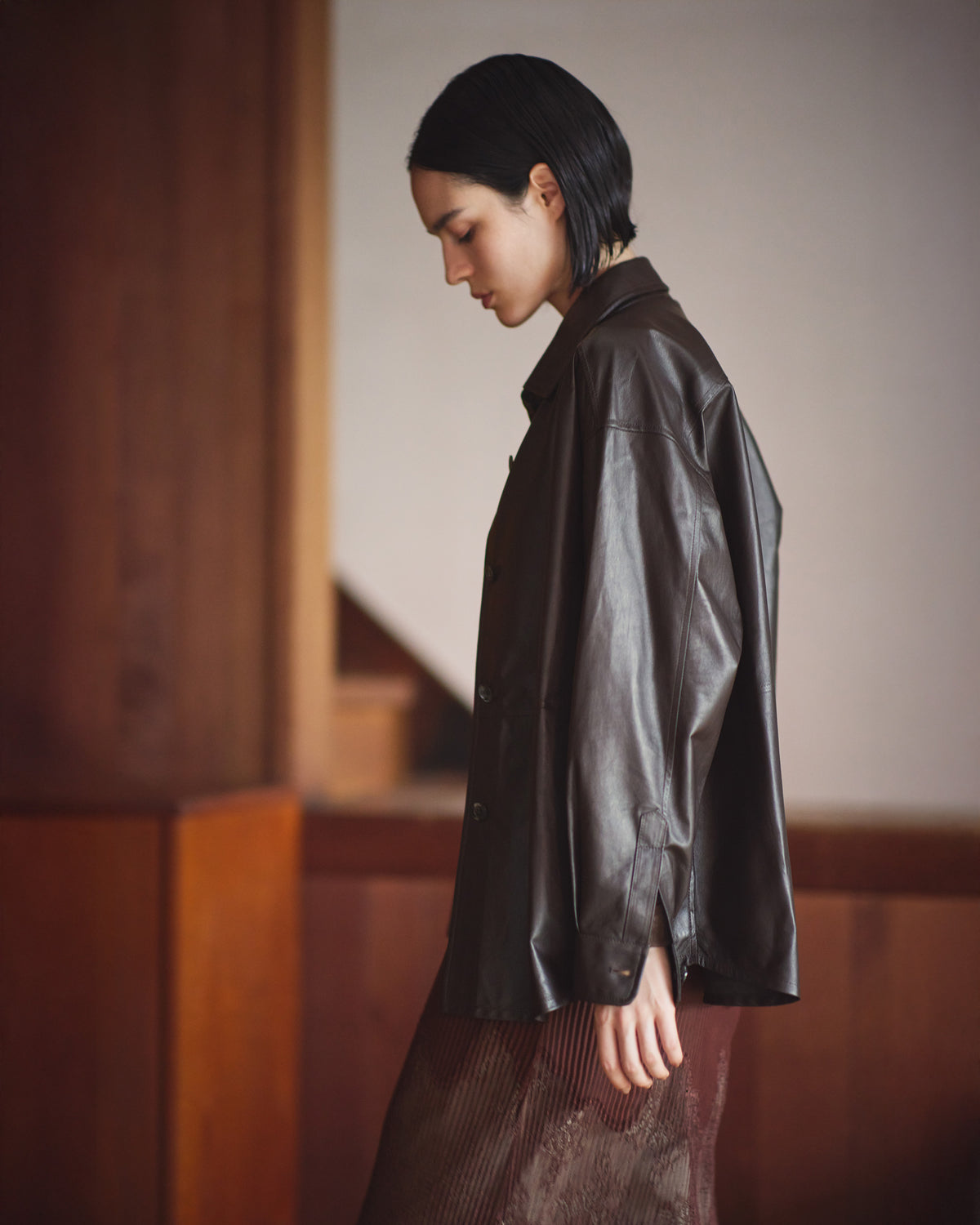 【予約商品】OLGA（オルガ） ナッパシルク レザーシャツ / ダークブラウン
