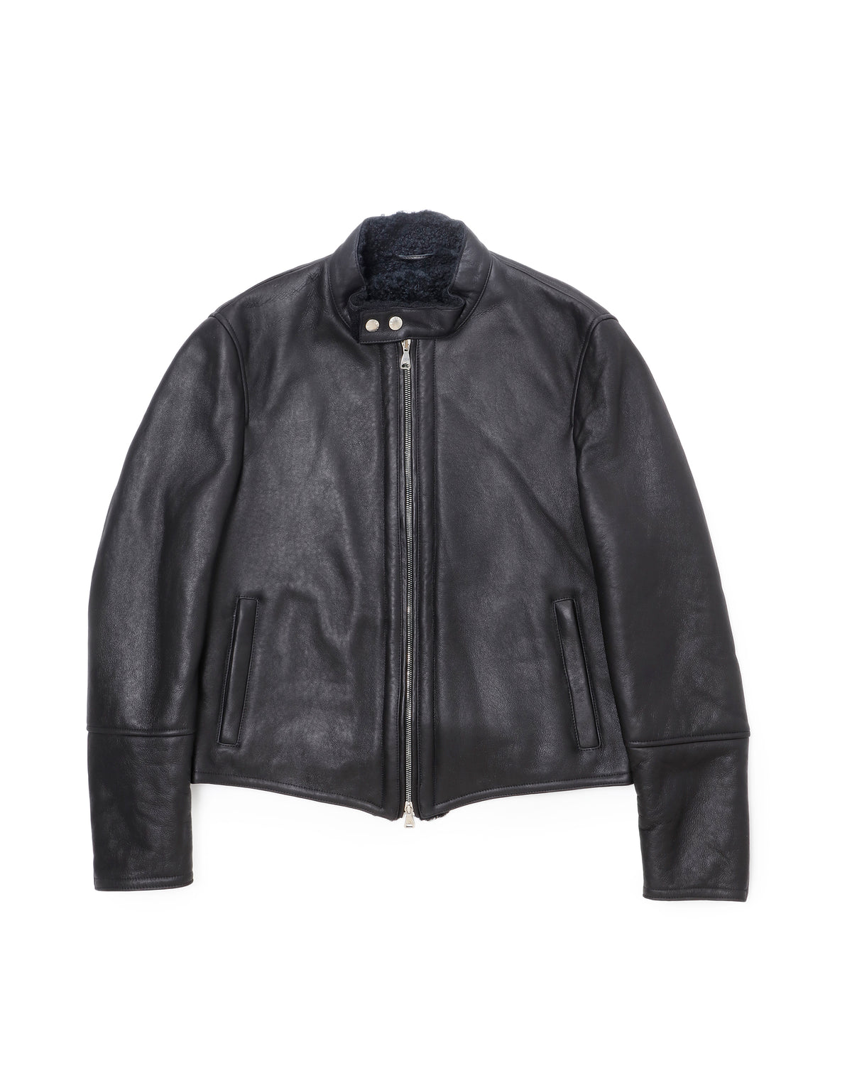 H MONTONE（アッカ モントーネ） シルバーZIP SPムートン シングルライダースジャケット / ブラック
