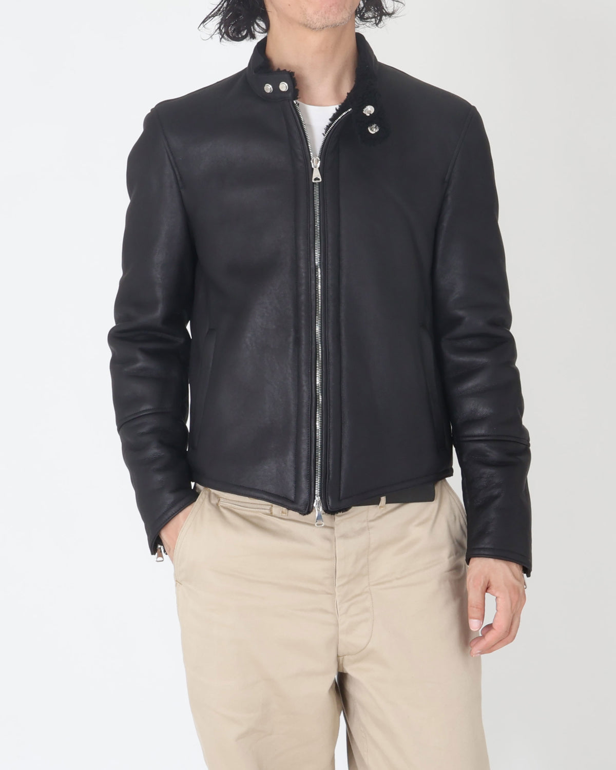 H MONTONE（アッカ モントーネ） シルバーZIP SPムートン シングルライダースジャケット / ブラック