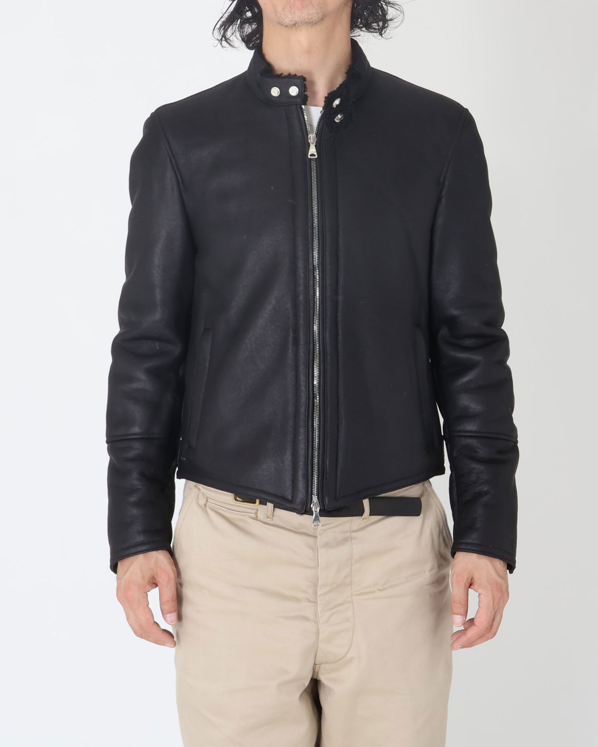 H MONTONE（アッカ モントーネ） シルバーZIP SPムートン シングルライダースジャケット / ブラック