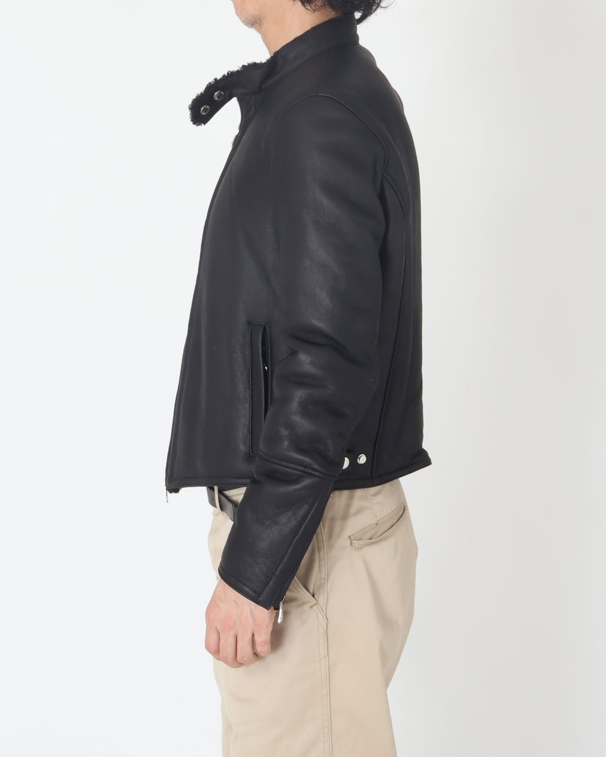 H MONTONE（アッカ モントーネ） シルバーZIP SPムートン シングルライダースジャケット / ブラック