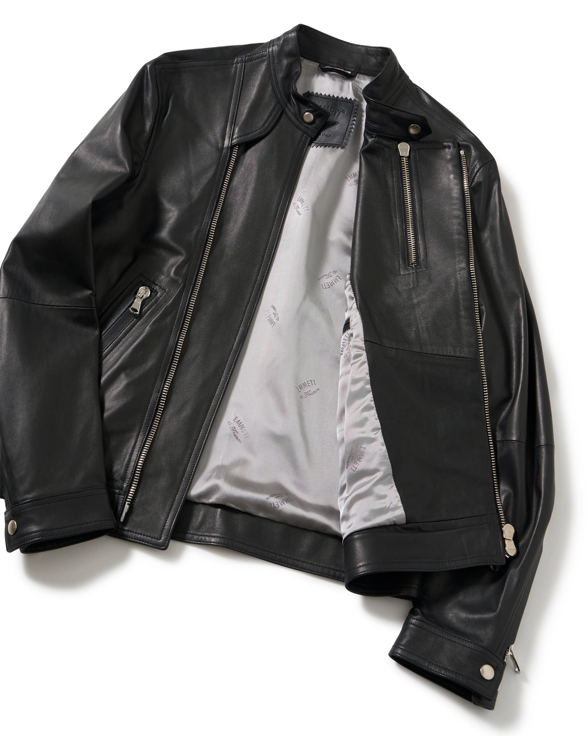 TEO（テオ）シルバーZIP ナッパシルクラムレザー セミダブルライダース / ブラック