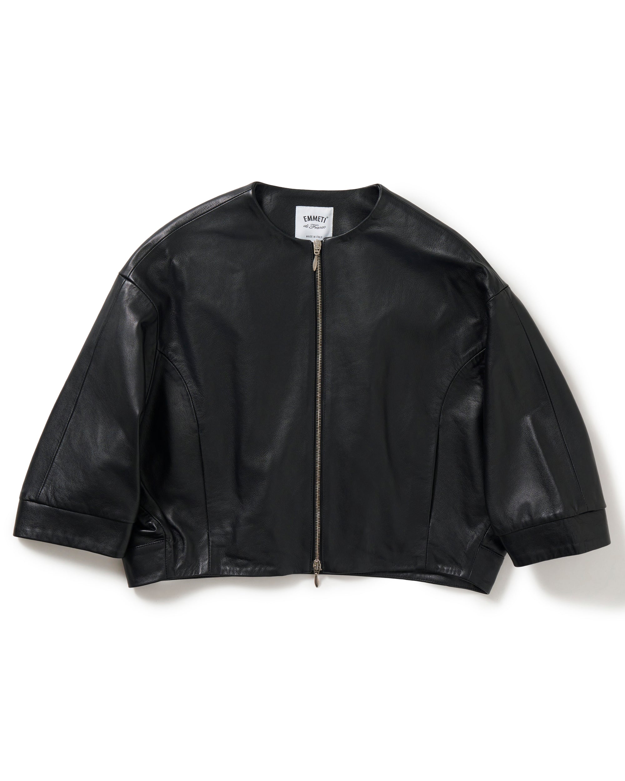 TILLY（ティリー） シルバーZIP　ナッパチェラータ ラムレザーノーカラーショートブルゾン / ブラック